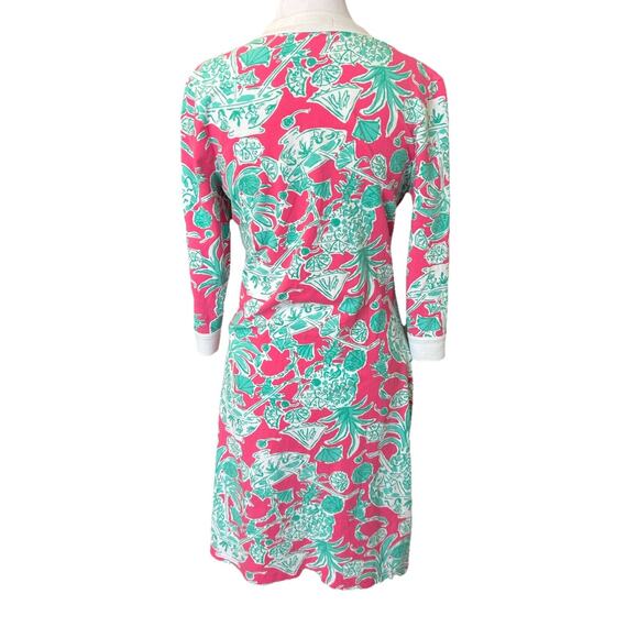 Lilly Pulitzer shift Midi dress Hawaiian Pink Green Floral V Neck 3/4 Resort XS - Picture 2 of 11